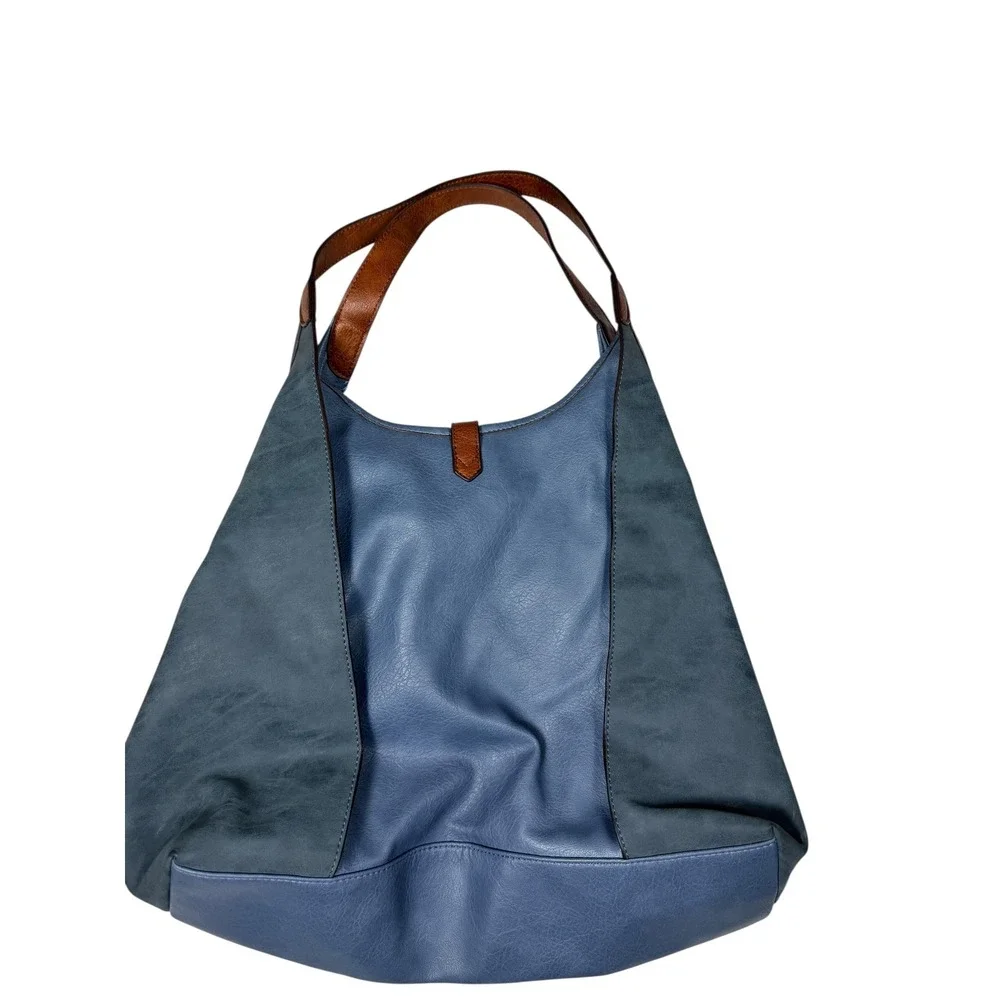 Blue Mixed Media Faux Leather Hobo Shoulder Bag with Braided Stitch Detail